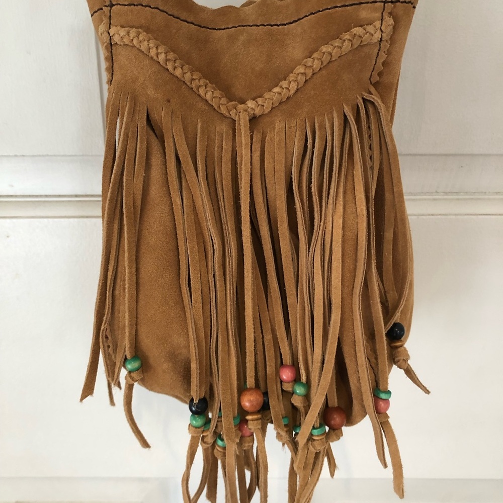 Lucky Brand Fringe Suede Beaded Boho Crossbody Bag Purse